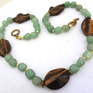 Tigers Eye and Green Stone Beads Chunky Necklace